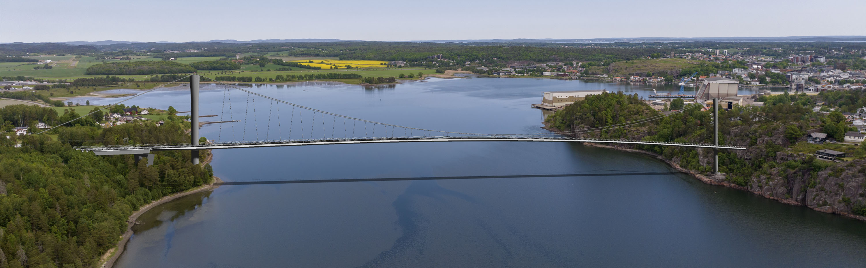 Dronefoto med montert 3d-fremstilling av den nye fastlandsforbidndelsen fra Nøtterøy til Tønsberg