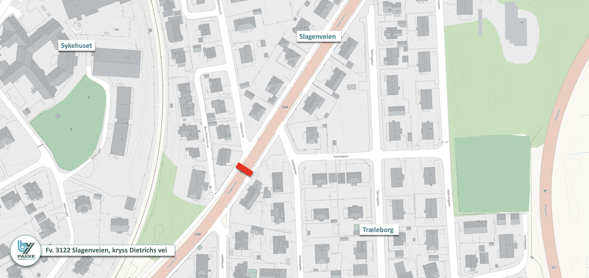 Kart med rødmerket strekning der det skal bygges i Slagenveien