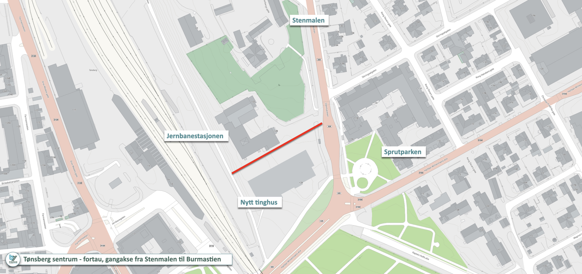 Kart med rød strek som viser hvor prosjektet skal gjennomføres