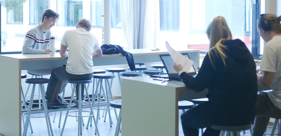 Elever snakker sammen og ser på PC og notater.