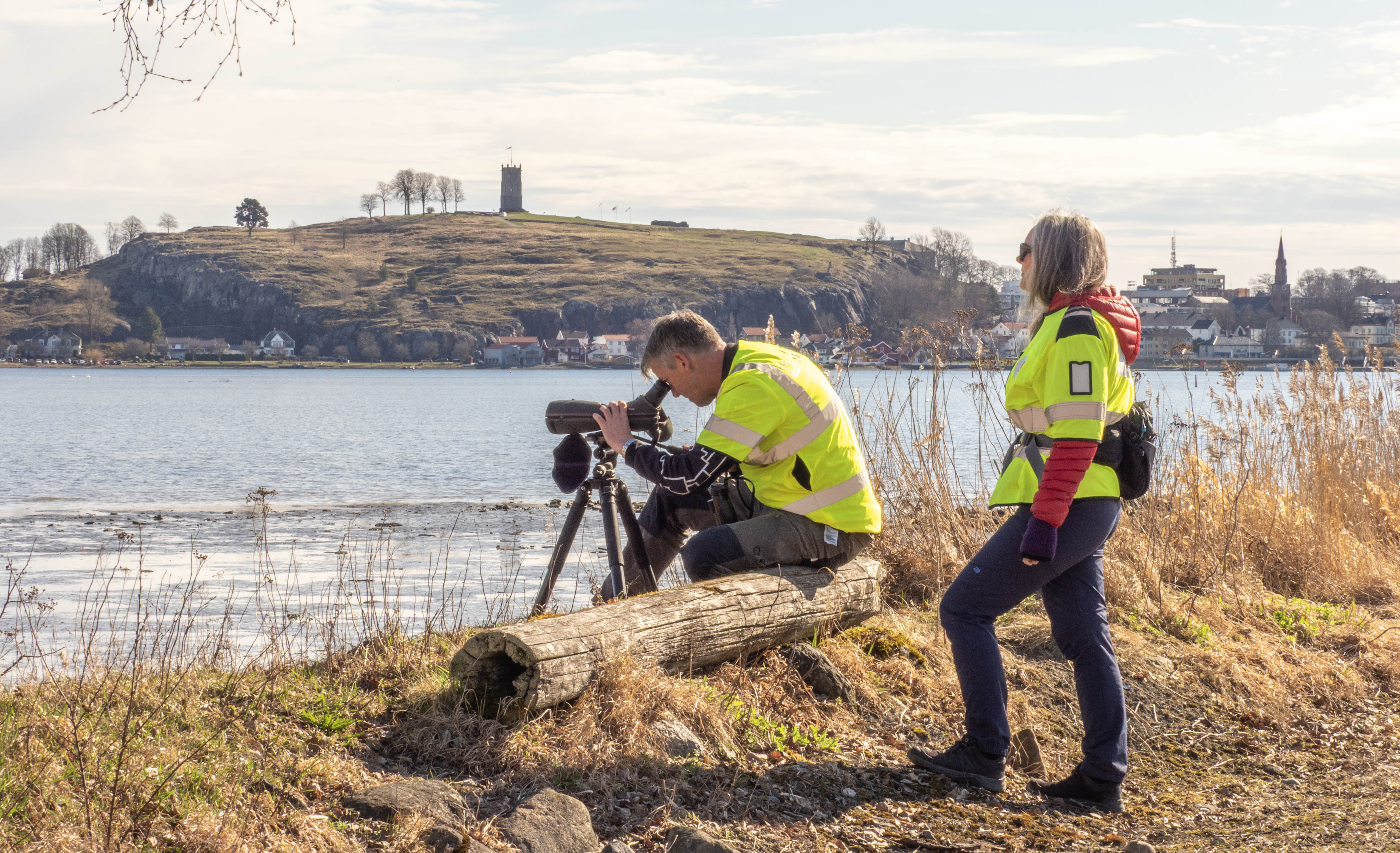 Foto av to personer som ser etter fugler i naturreservatet Ilene utenfor Tønsberg
