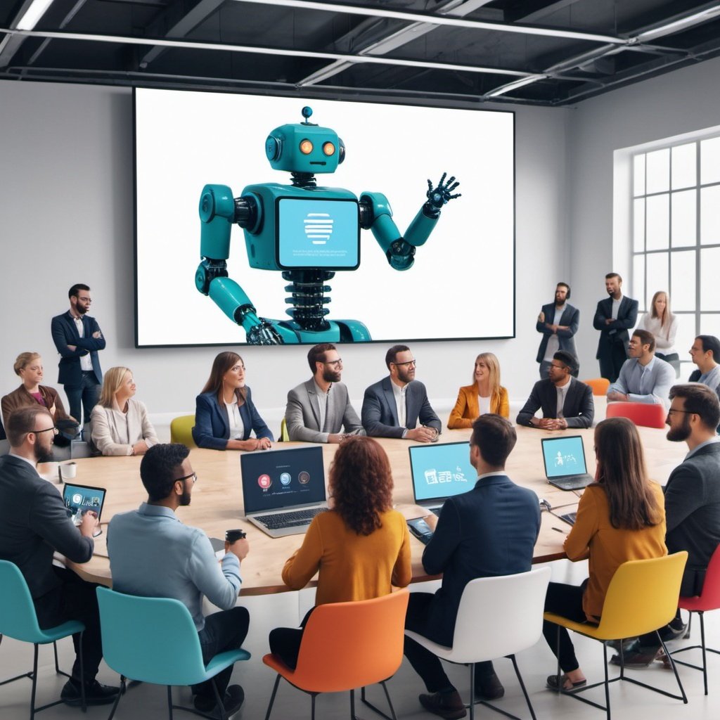 KI-bilde av mennesker rundt bord og robot på skjerm.