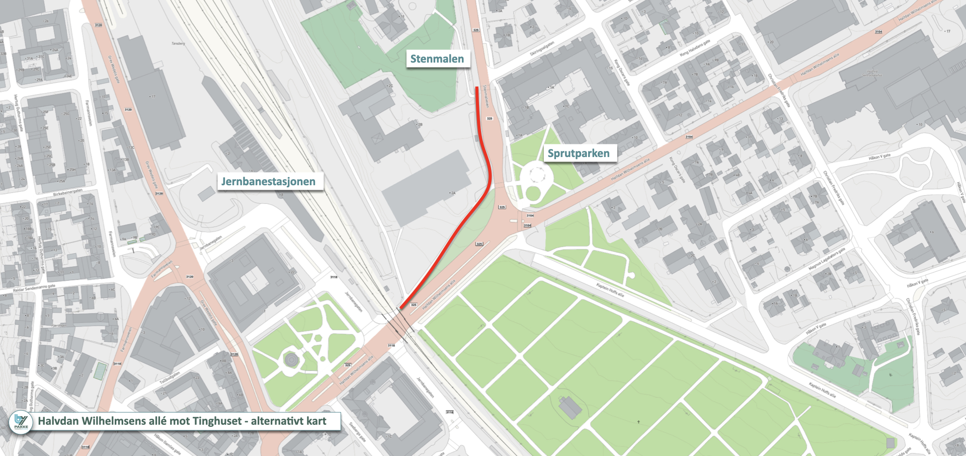 Kart med rød strek som viser hvor prosjektet skal gjennomføres