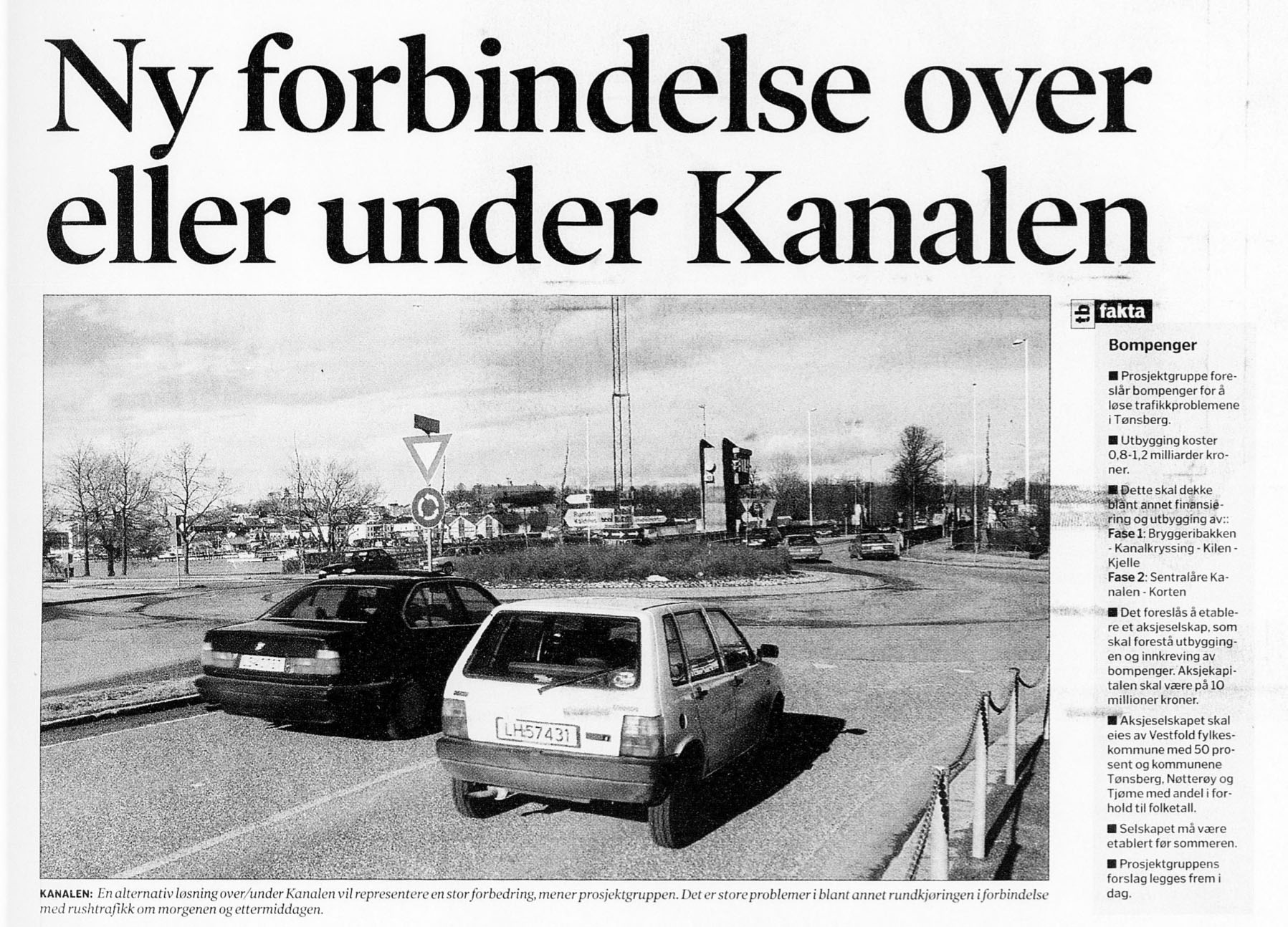 Avisklipp om nytt veisystem i Tønsberg i Tønsbergs Blad 1999