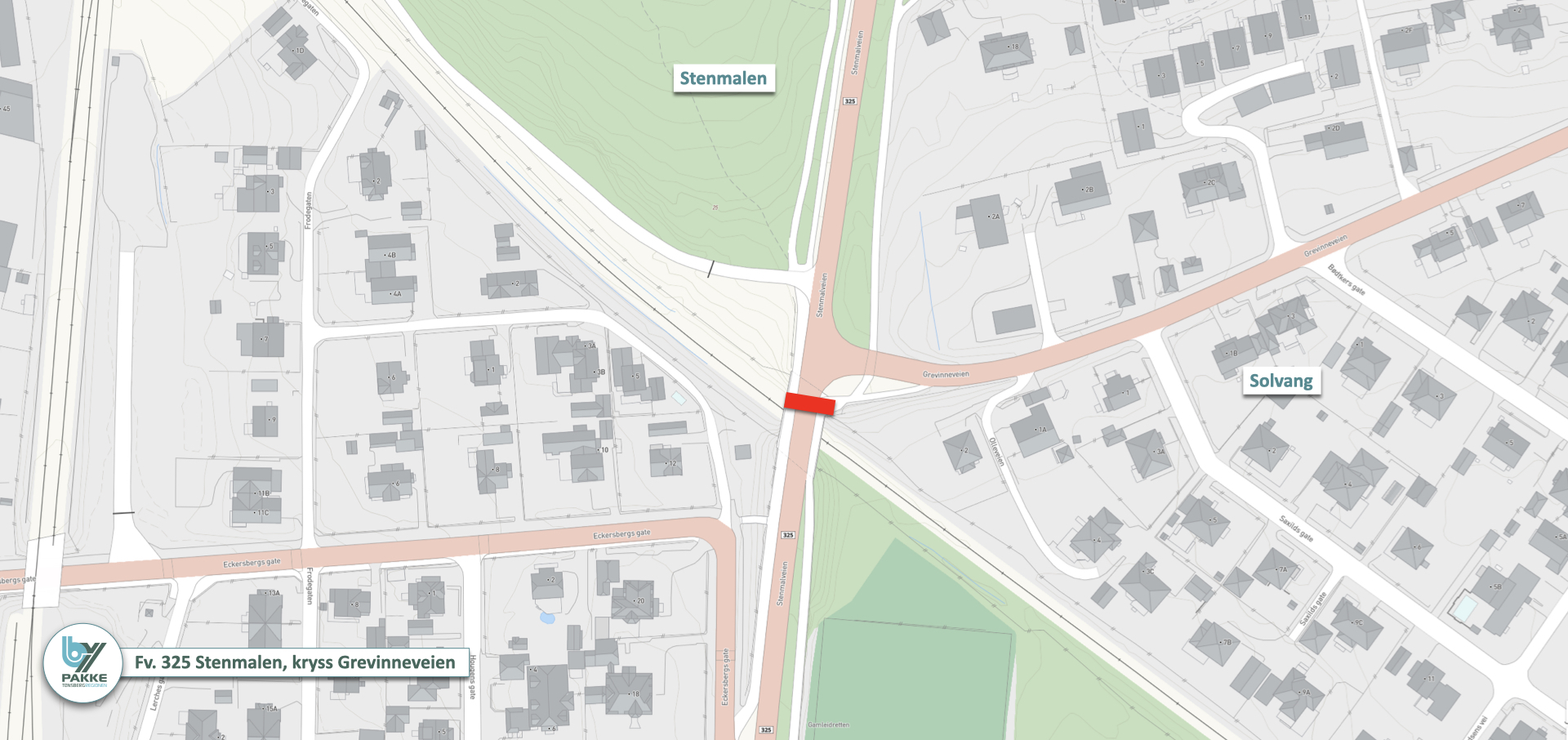 Kart med rødmerket strekning der det skal bygges i Stenmalveien