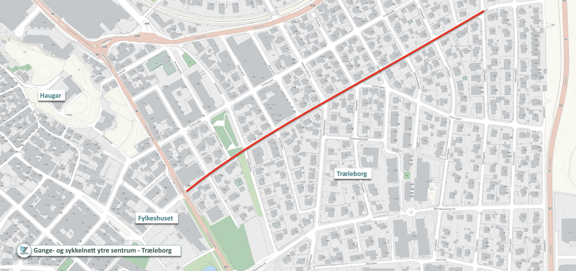 Kart med rødmerket strekning der det skal bygges på Træleborg