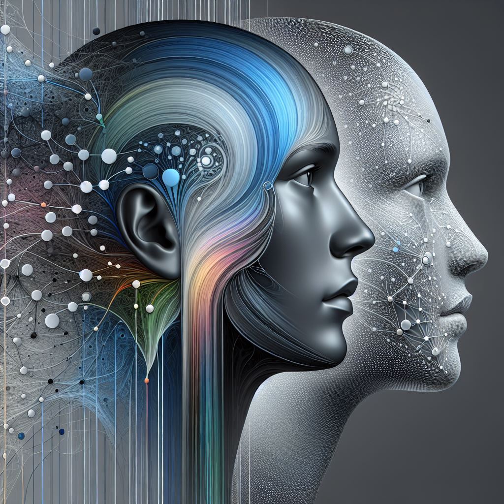 KI-illustrasjon av to hoder i profil med farger og mønster som noder og nettverk