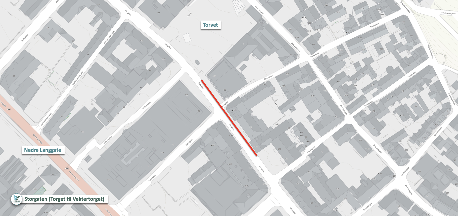 Kart med gater i Tønsberg sentrum som skal oppgraderes for gående. Strekningen er merket med rødt i kartet.