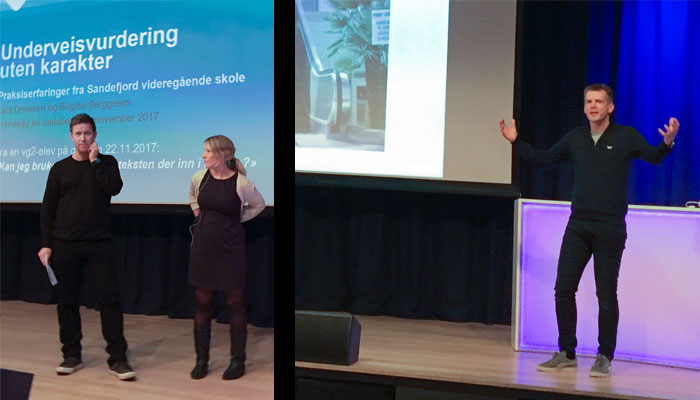 Tre personer holder foredrag fra en scene