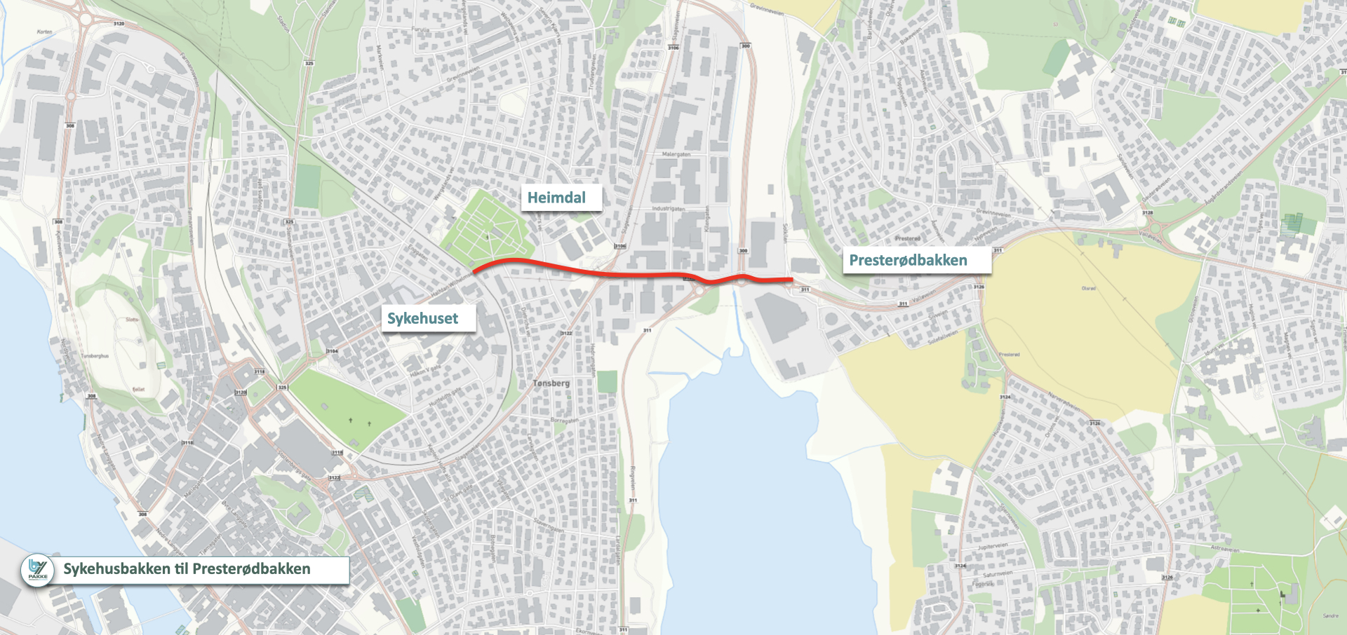 Kart med rødmerket byggeanlegg over Kilen i Tønsberg kommune