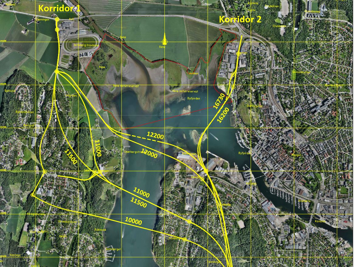Kart med syv alternativer for ny fastlandsforbindelse fra Nøtterøy og Tjøme er vurdert i konsekvensutredningen.