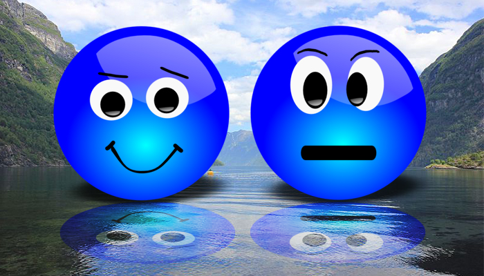 En blid og en skeptisk blå smiley
