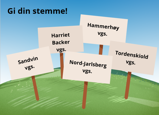 Illustrasjon med skolenavn på skilt