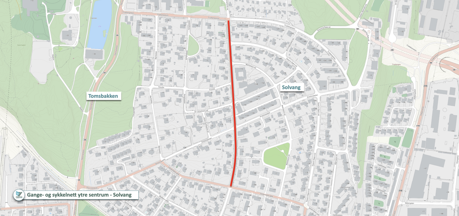 Kart med rødmerket byggeanlegg langs Wergelands vei i Tønsberg kommune