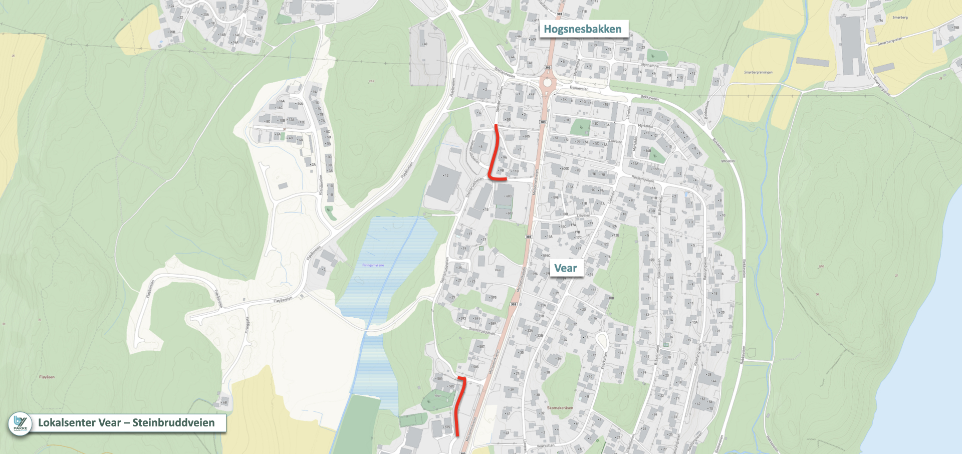 Kart med rødmerket strekning der det skal bygges på Vear