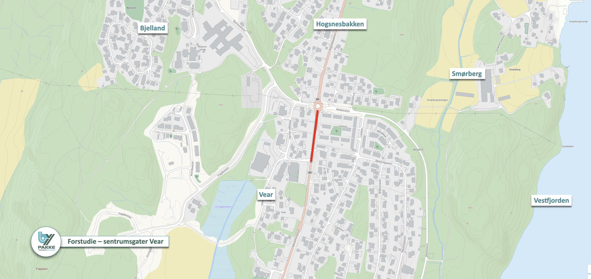 Kart med rød strek som viser hvor det skal oppgraderes for gående, syklende, kollektiv og bil