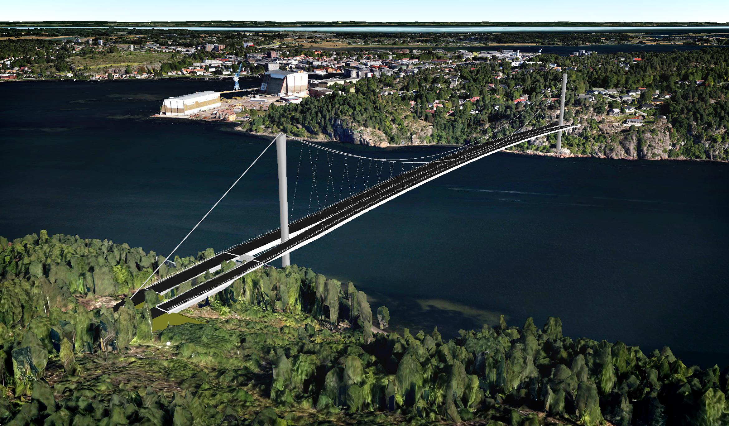 Illustrasjon av brua over Vestfjorden sett fra Vear og mot byen