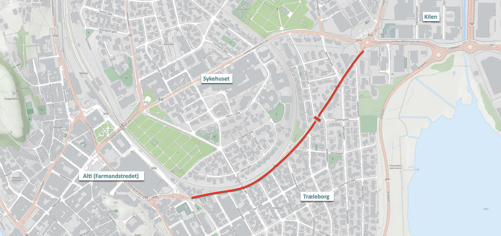 Kart med rødmerket strekning der det skal bygges i Slagenveien
