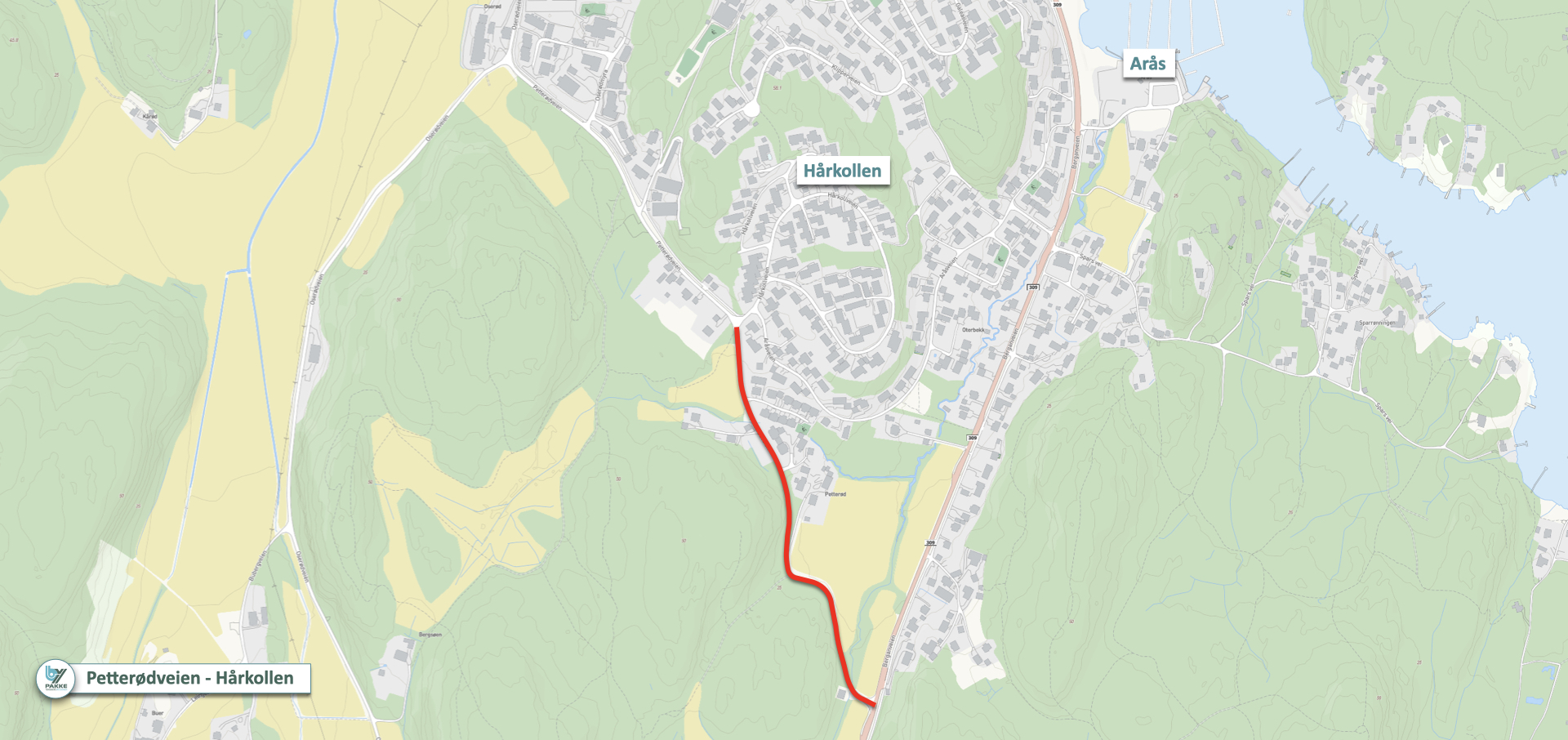 Kart med rød strek som viser hvor det skal oppgraderes for gående og syklende.