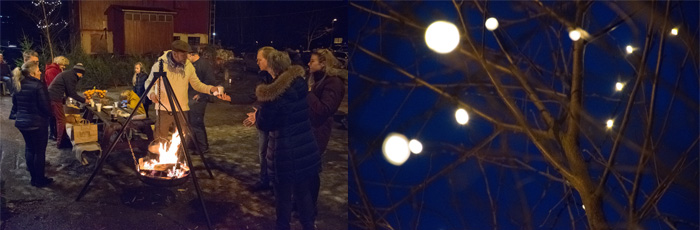 Elever, lærere og foresatte rundt bålpanna, og tre med lys