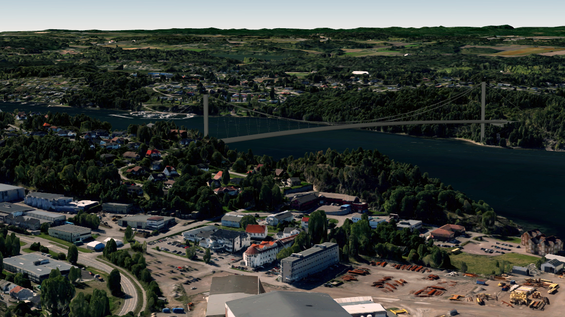Vestfjorden fra Nøtterøy med en illustrasjon av den planlagte brua med monotårn over fjorden.
