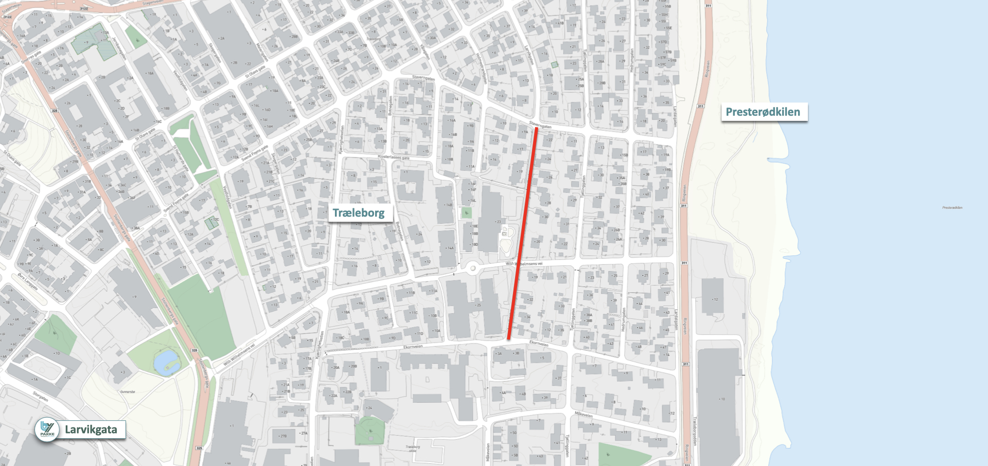 Kart med prosjektet tegnet inn med rød strek