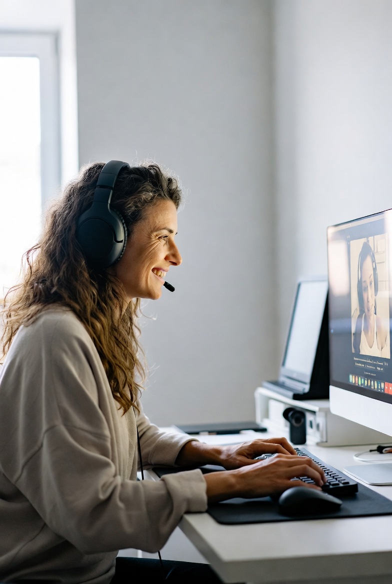 Smilende kvinne med hodetelefoner jobber foran PC