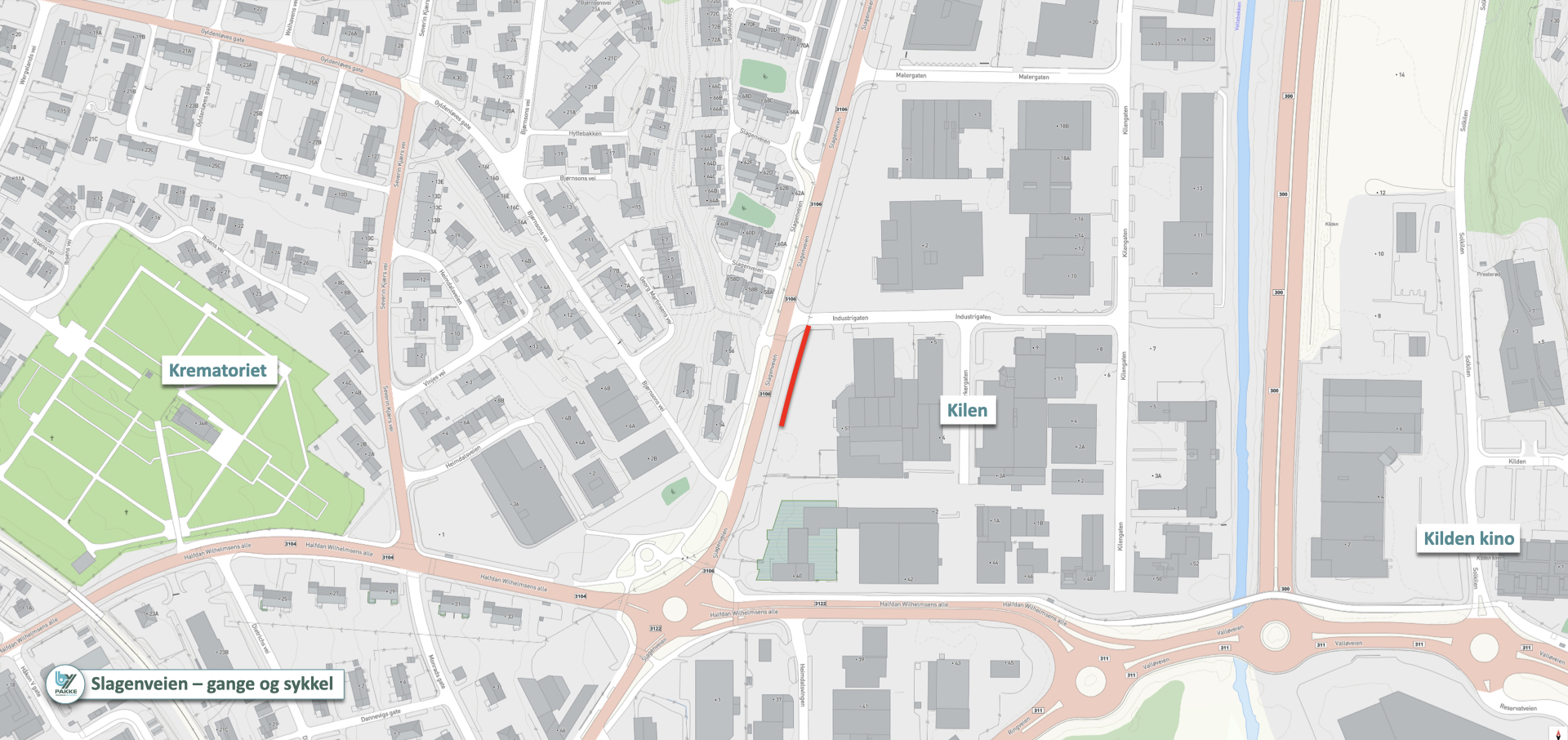 Kart med rødmerket byggeanlegg langs Slagenveien i Tønsberg kommune