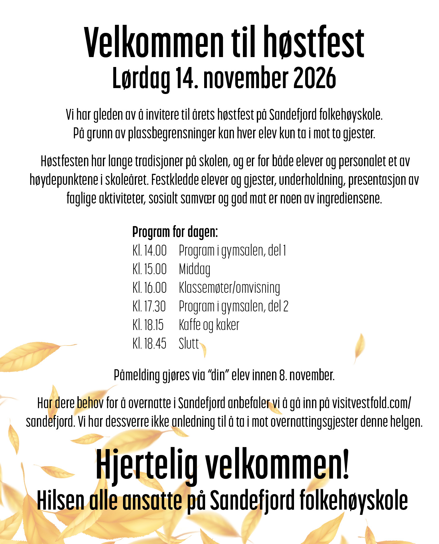 Invitasjon til høstfest 2026 Sandefjord folkehøyskole