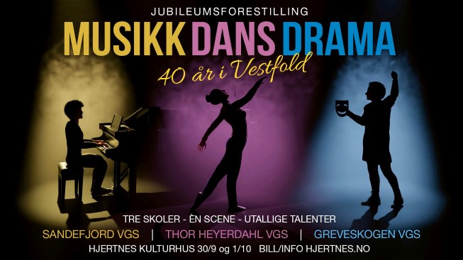 Plakat som viser en person som spiller piano, en ballettdanser og en som holder en maske.