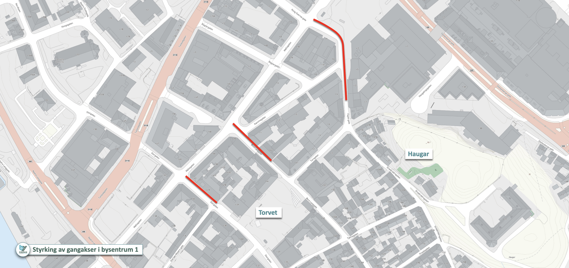 Kart med gater i Tønsberg sentrum som skal oppgraderes for gående. Strekningene er merket med rødt i kartet.