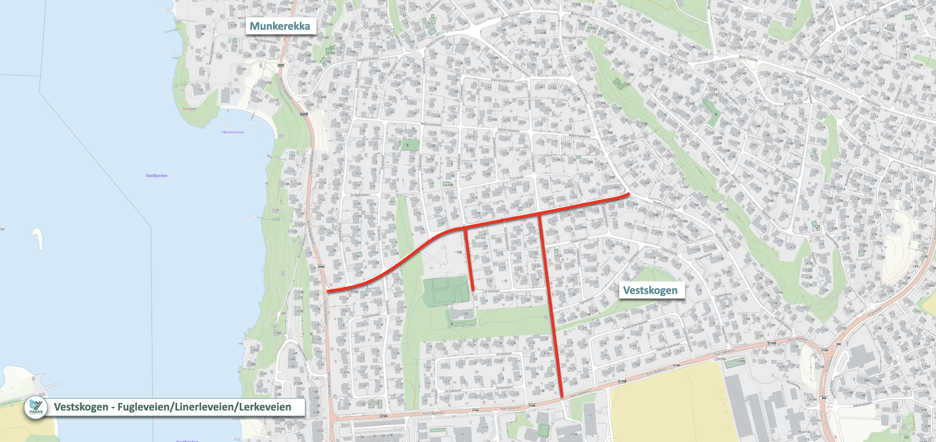 Kart med rød strek som viser hvor det skal oppgraderes for gående og syklende.