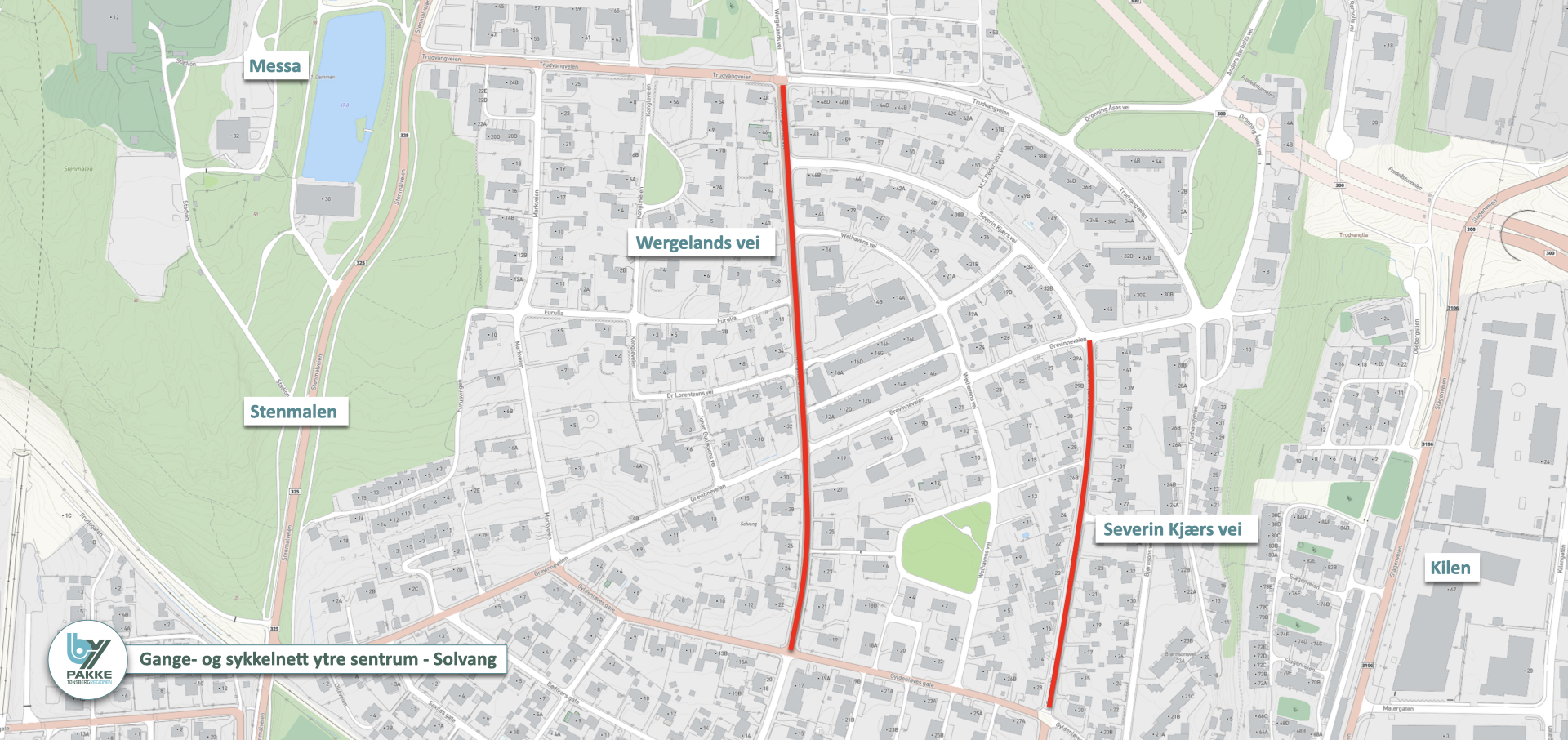 Kart med rødmerket strekning der det skal bygges på Solvang