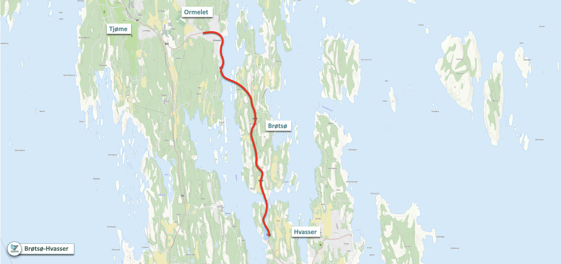 Kart med prosjektet tegnet inn med rød strek