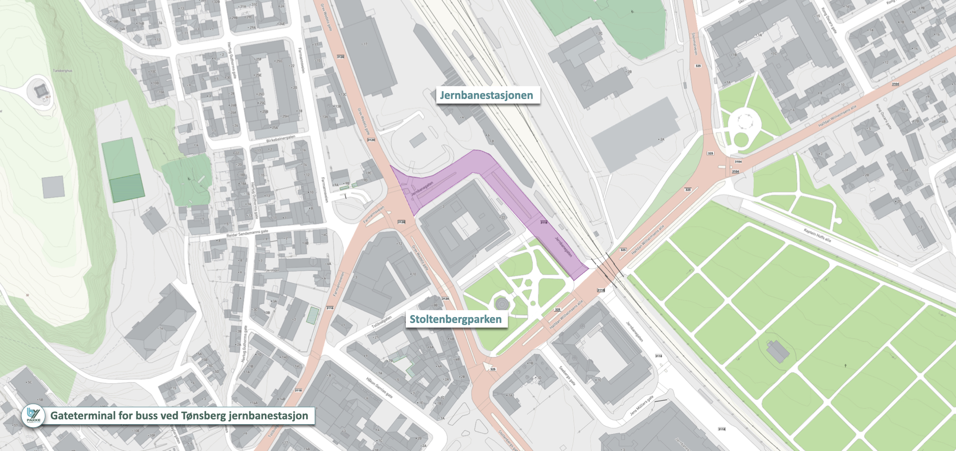 Kart med rosa merket område der den nye busstasjonen er tenkt