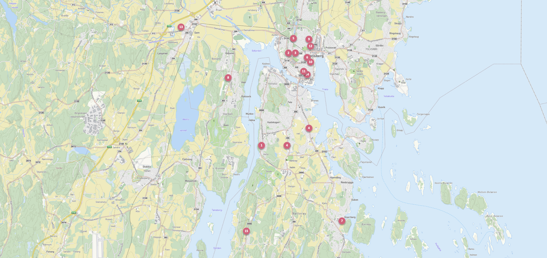Kart merket med prosjekter det er søkt om tilskuddsmidler til å bygge via ordningen «tilskuddsordningen for klima- og miljøvennlig byutvikling og godfremkommelighet i fem byområder som ikke er omfattet av byvekstavtalene»
