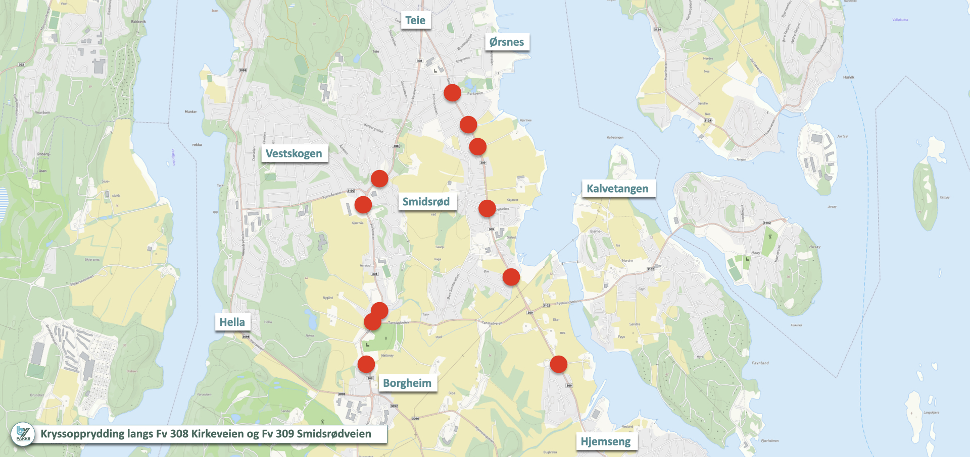 Kart med røde punkter som viser hvor det skal ryddes langs Kirkeveien og Smidsrødveien