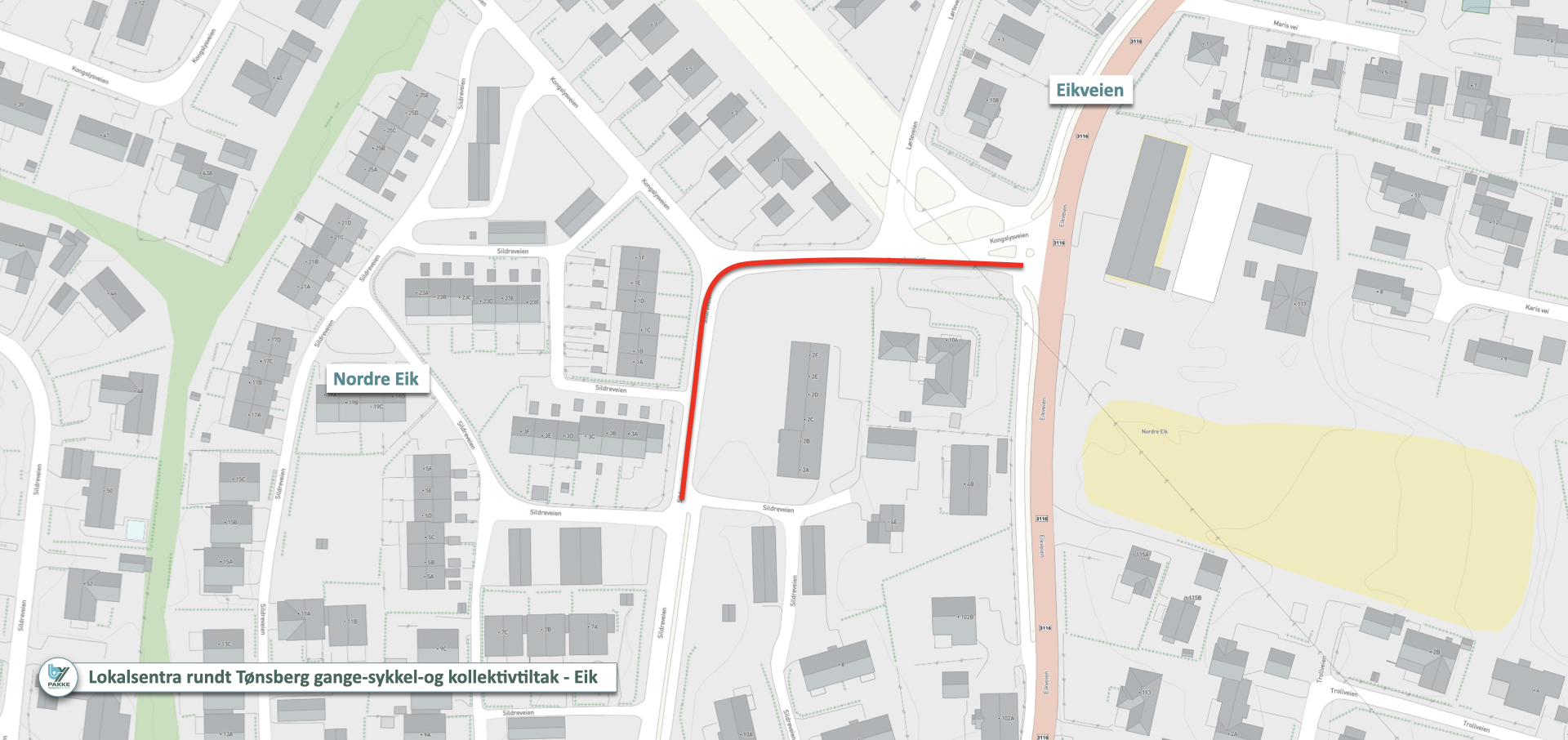 Kart med rødmerket byggeanlegg i Sildreveien på Eik