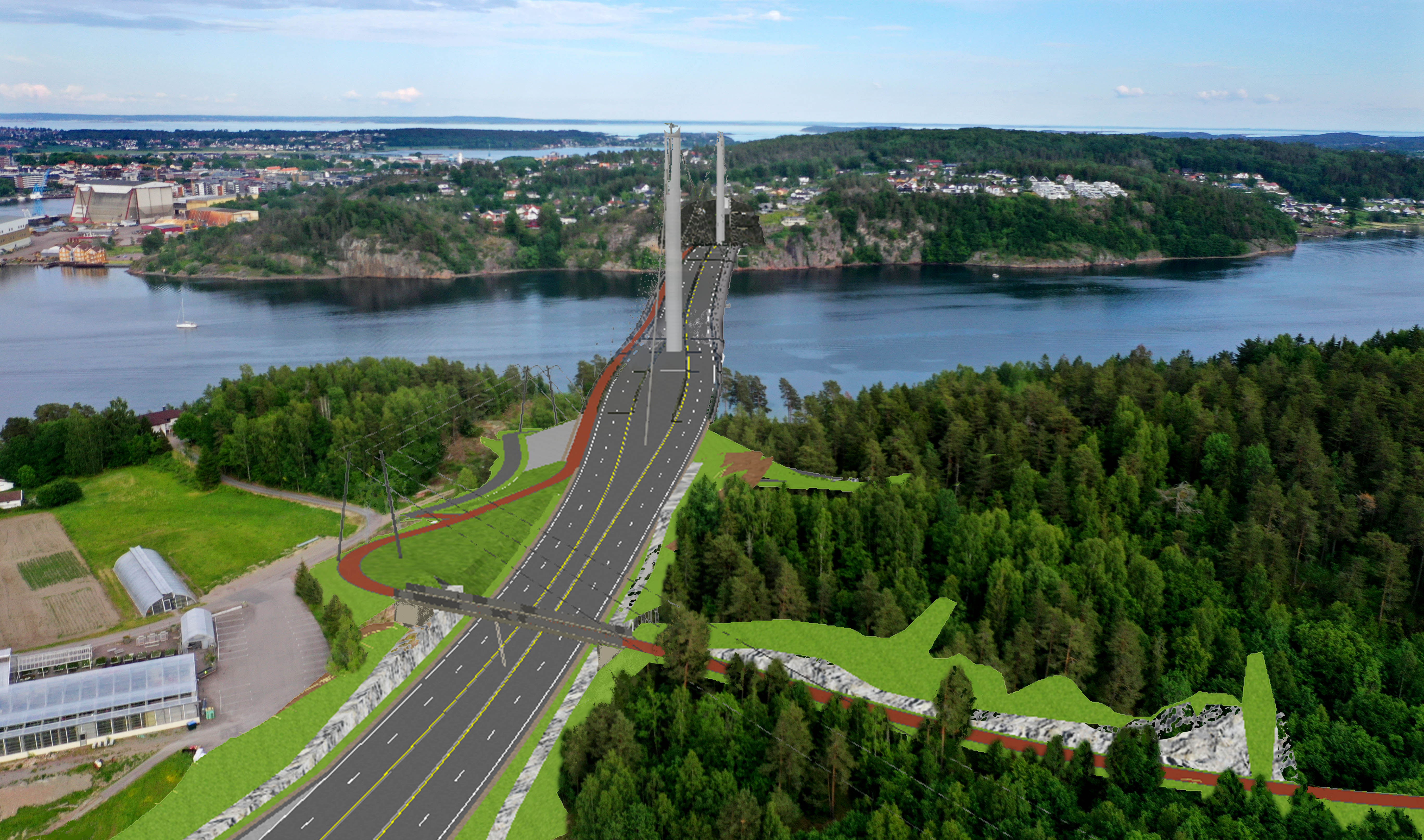 Illustrasjon av den planlagte brua sett fra Smørberg ved gartneriet mot Ramdal