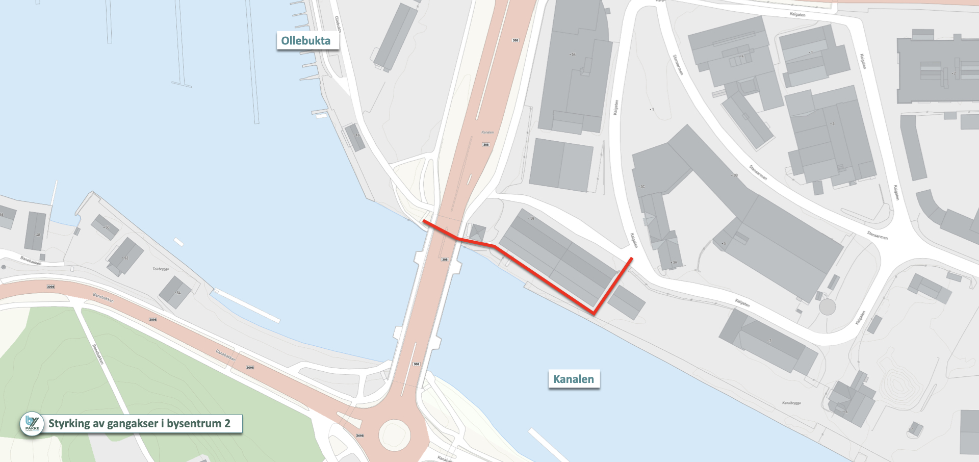 Kart med prosjektet tegnet inn med rød strek