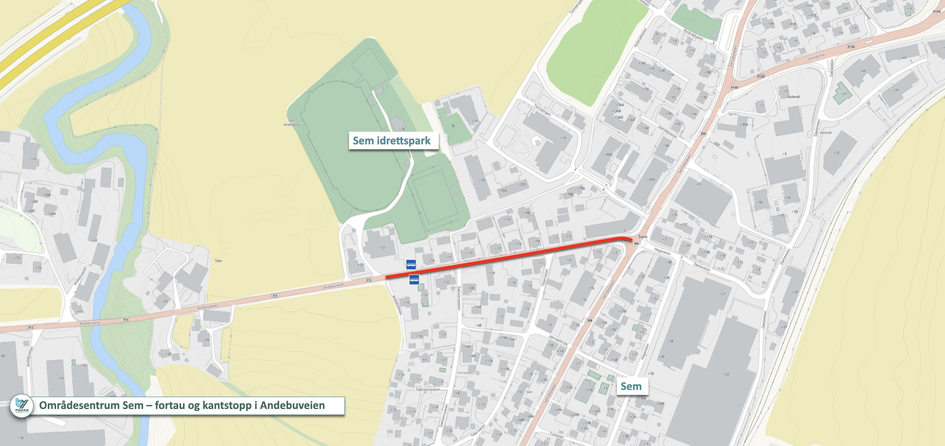 Kart med rødmerket strekning der det skal bygges i Andebuveien