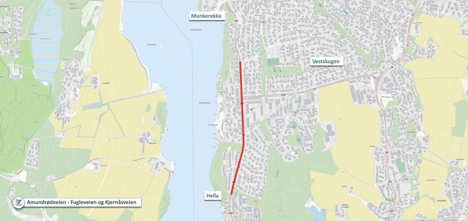 Kart med rød strek som viser hvor prosjektet skal gjennomføres