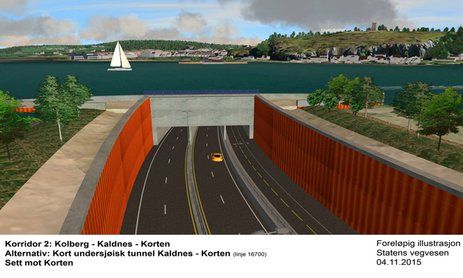 Åpent møte om ny fastlandsforbindelse med illustrasjon av et forkastet forslag til ny tunnelløsning i Vetsfjorden/Tønsbergfjorden