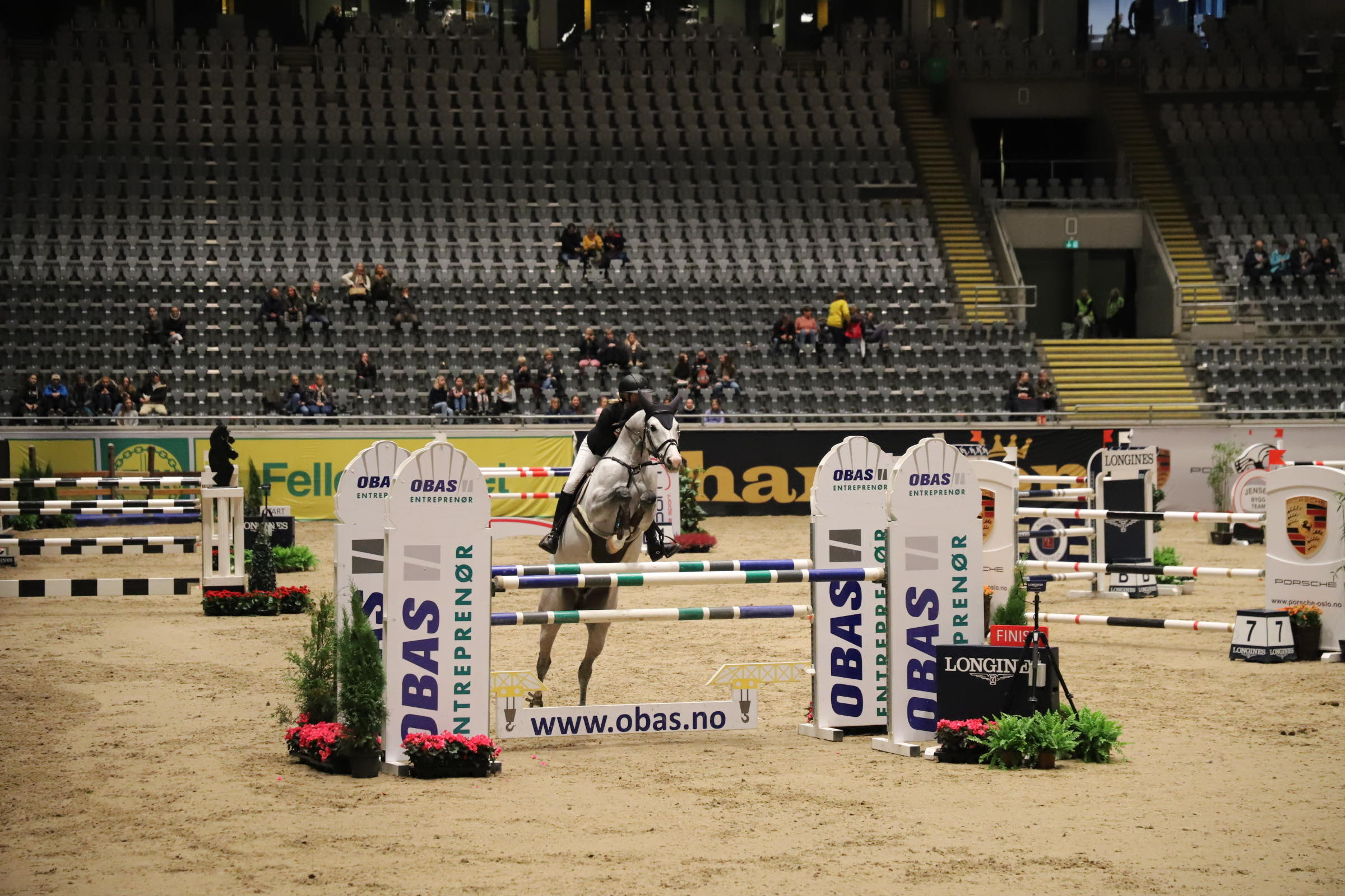 Hest med rytter hopper over hinder