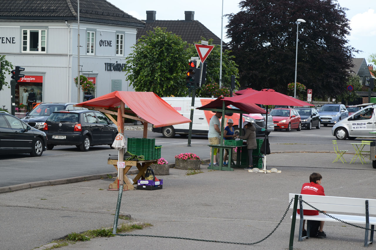 Foto av Teie torg med personer som handler fra torgbod