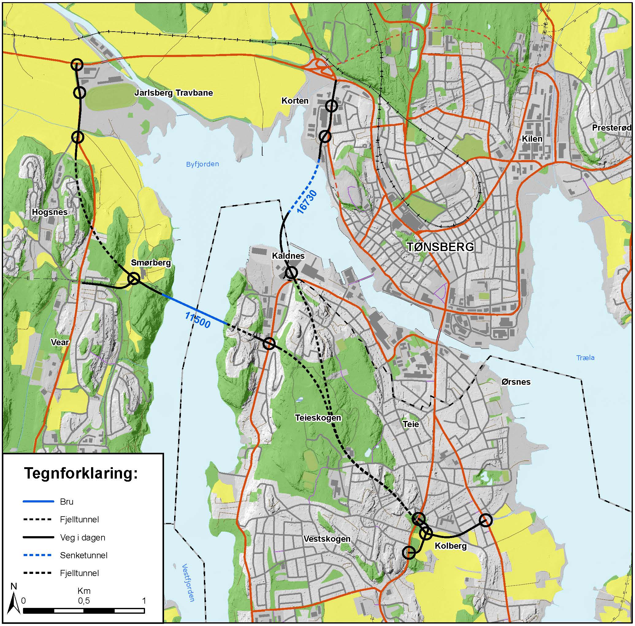 Kart som viser de anbefalte alternativene for nye fastlandsforbindelse mellom Færder og Tønsberg kommune