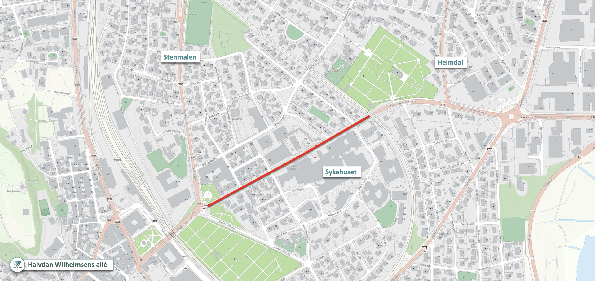 Kart med rødmerket byggeanlegg langs Wergelands vei i Tønsberg kommune