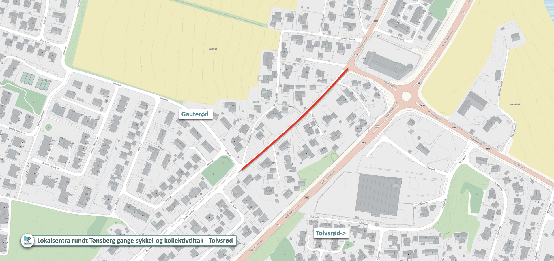 Kart med rødmerket byggeanlegget på Gauterød