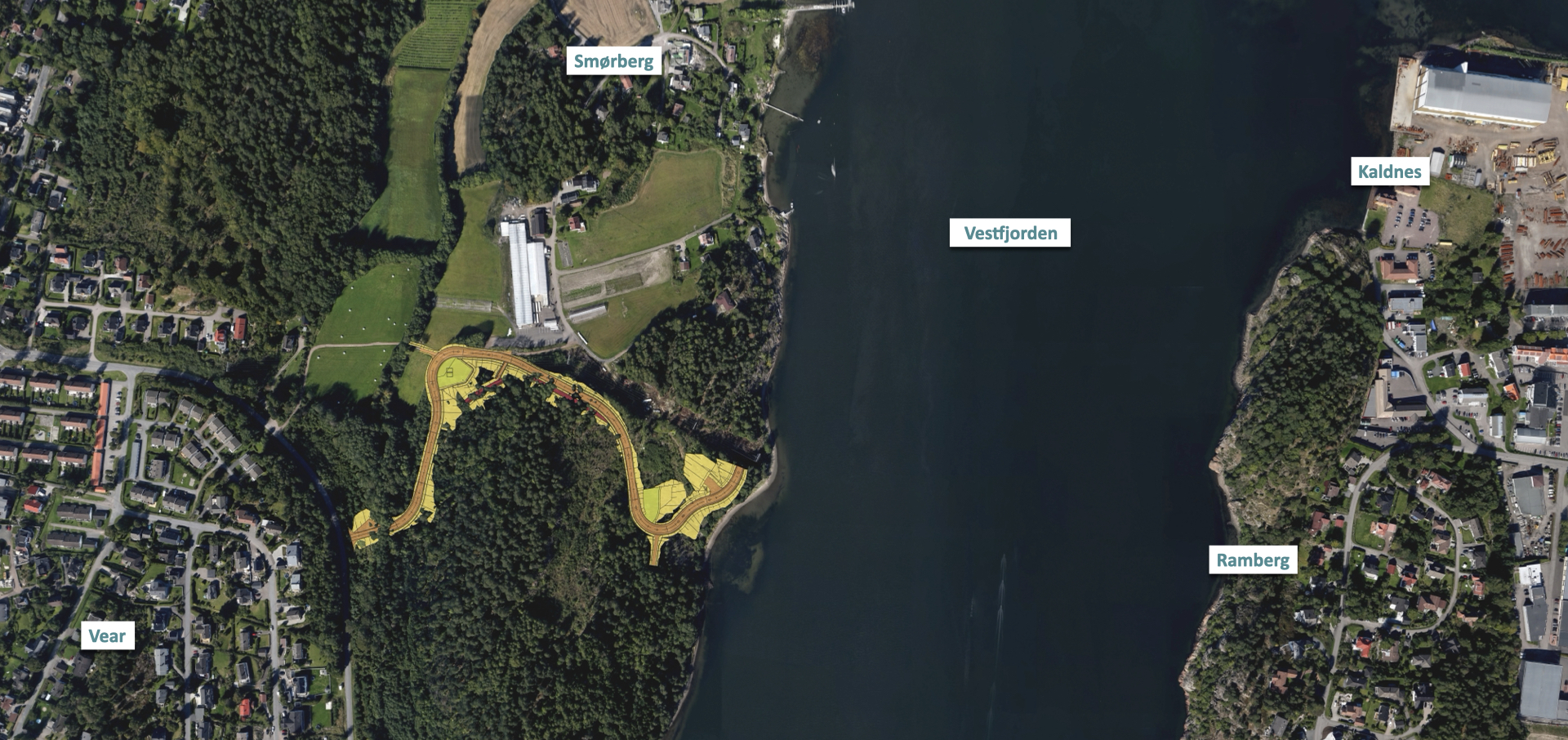 3D-kart fra google over anleggsveien på Smørberg med Vear, Vestfjorden og Ramberg synlig