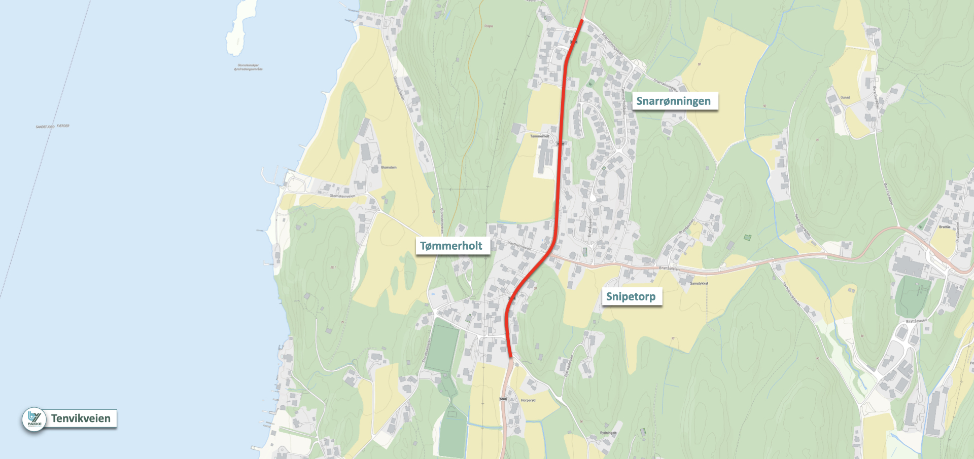 Kart med rødmerket strekning i Tenvikveien der det skal bygges gang- og sykkelvei